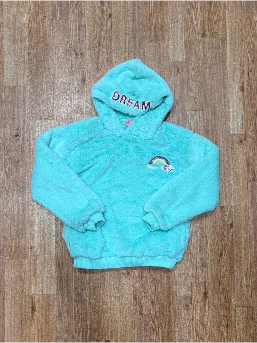 Betsey Johnson Teal Plush Hoodie with Rainbow Patch
